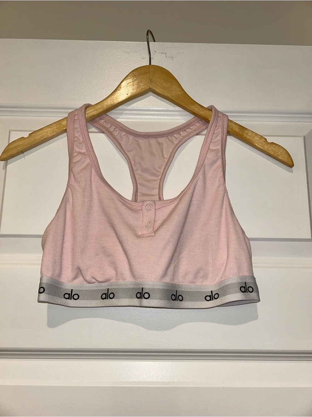 ALO Yoga Light Pink Ribbed Racerback Sports Bra with Branded Band